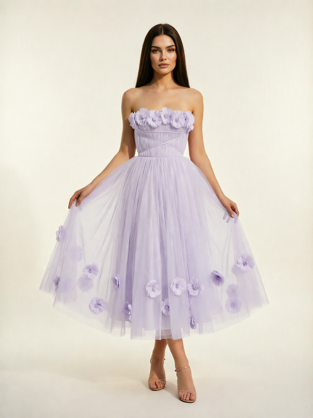 Strapless Tulle Midi Dress with 3D Floral Appliqués, Lace-Up Corset Back