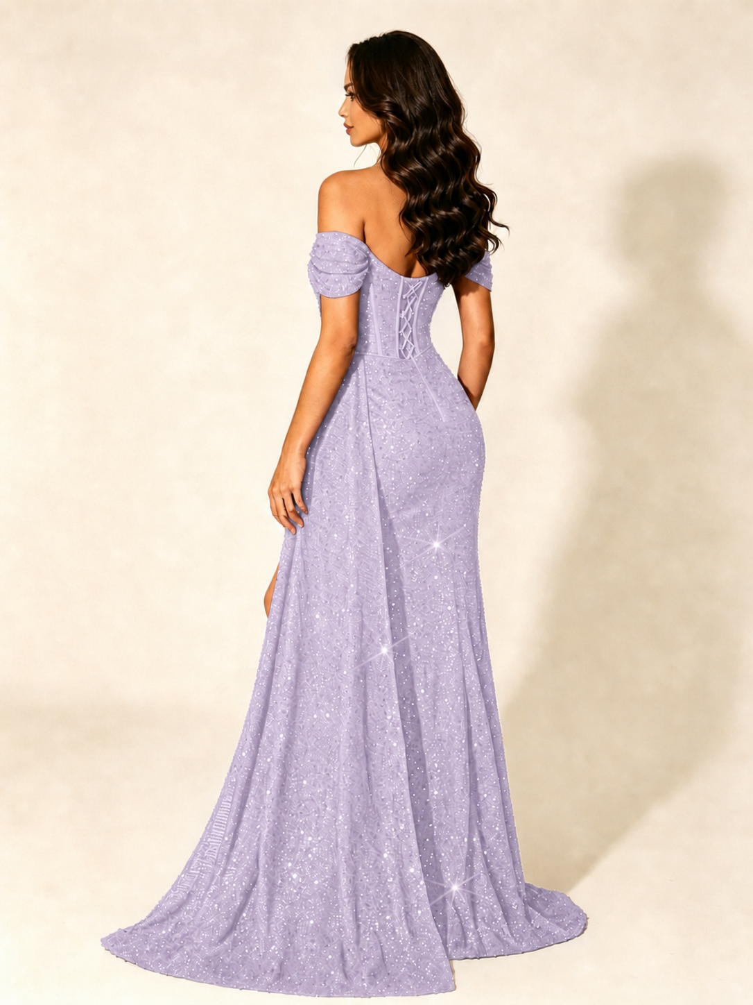 Off Shoulder Sequin High Slit Formal Dress with Train