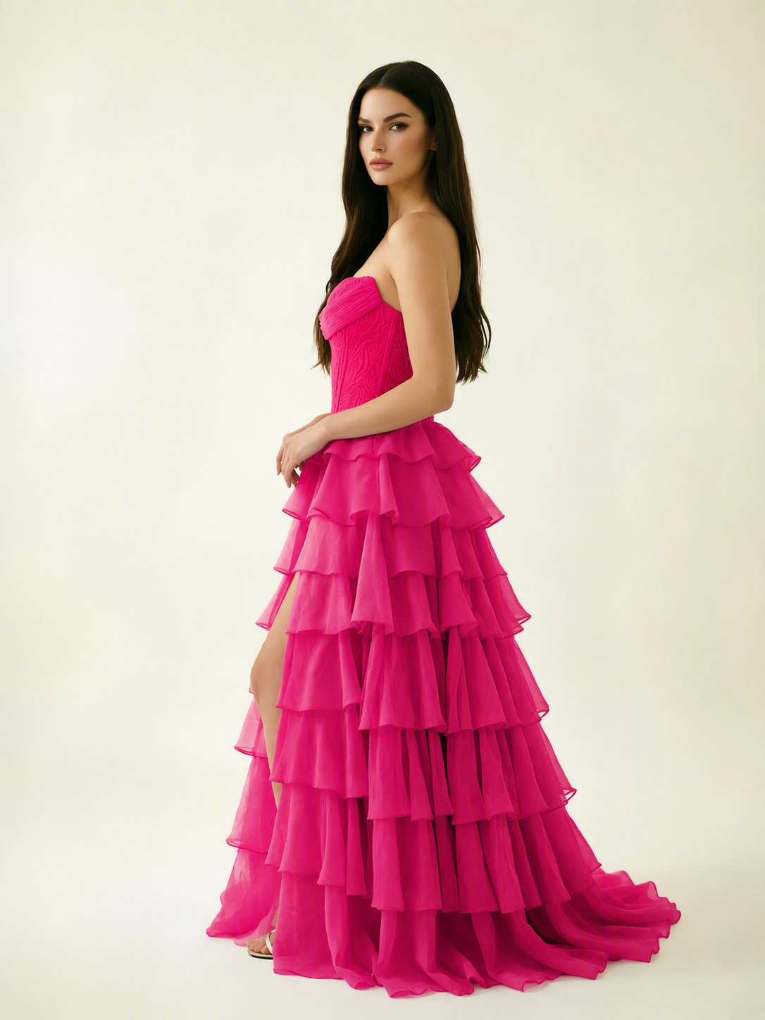 Strapless Lace Corset Tiered High Slit Prom Dress