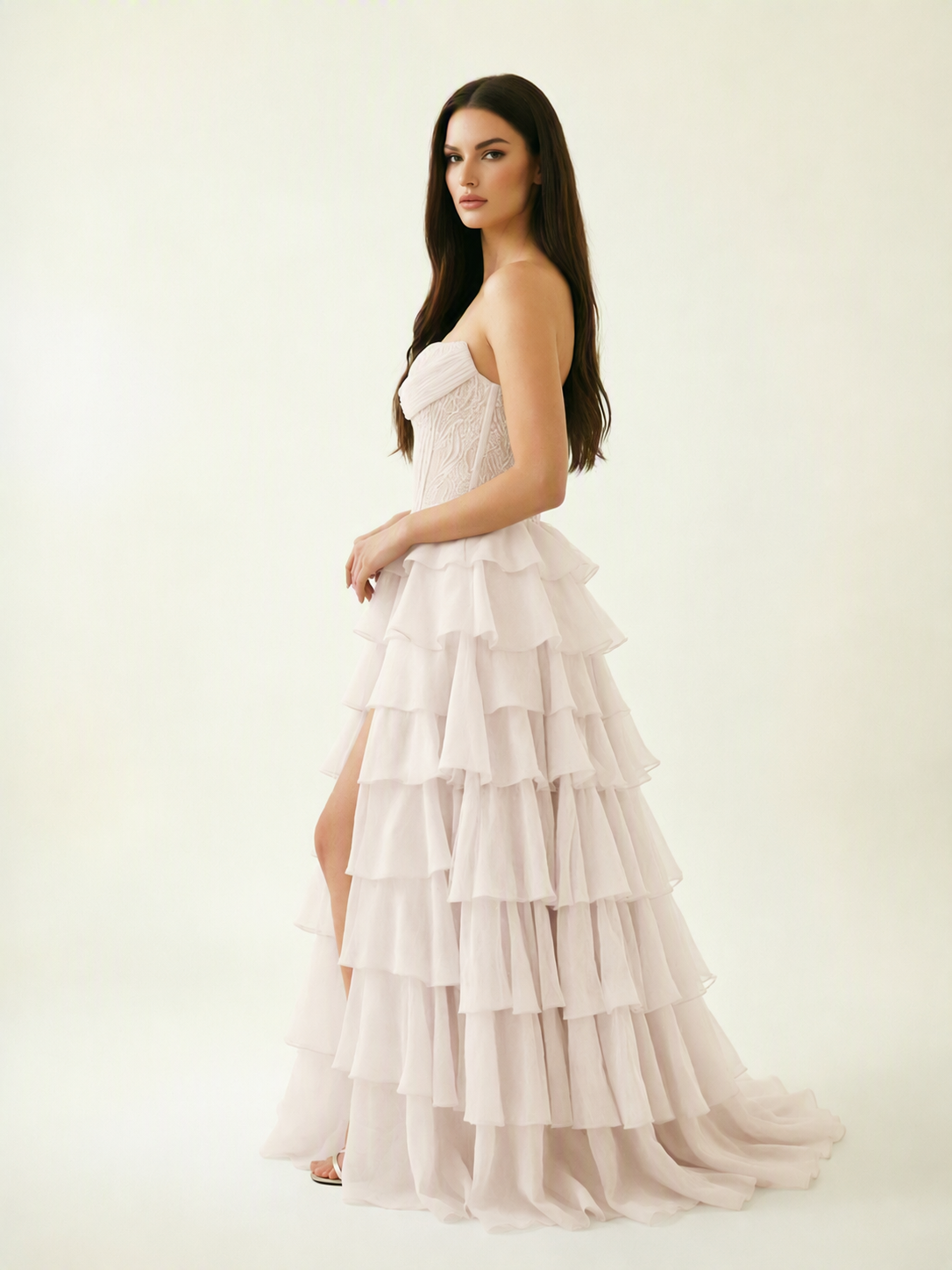 Strapless Lace Corset Tiered High Slit Prom Dress