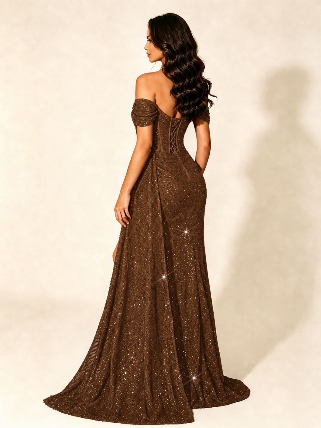 Off Shoulder Sequin High Slit Formal Dress with Train