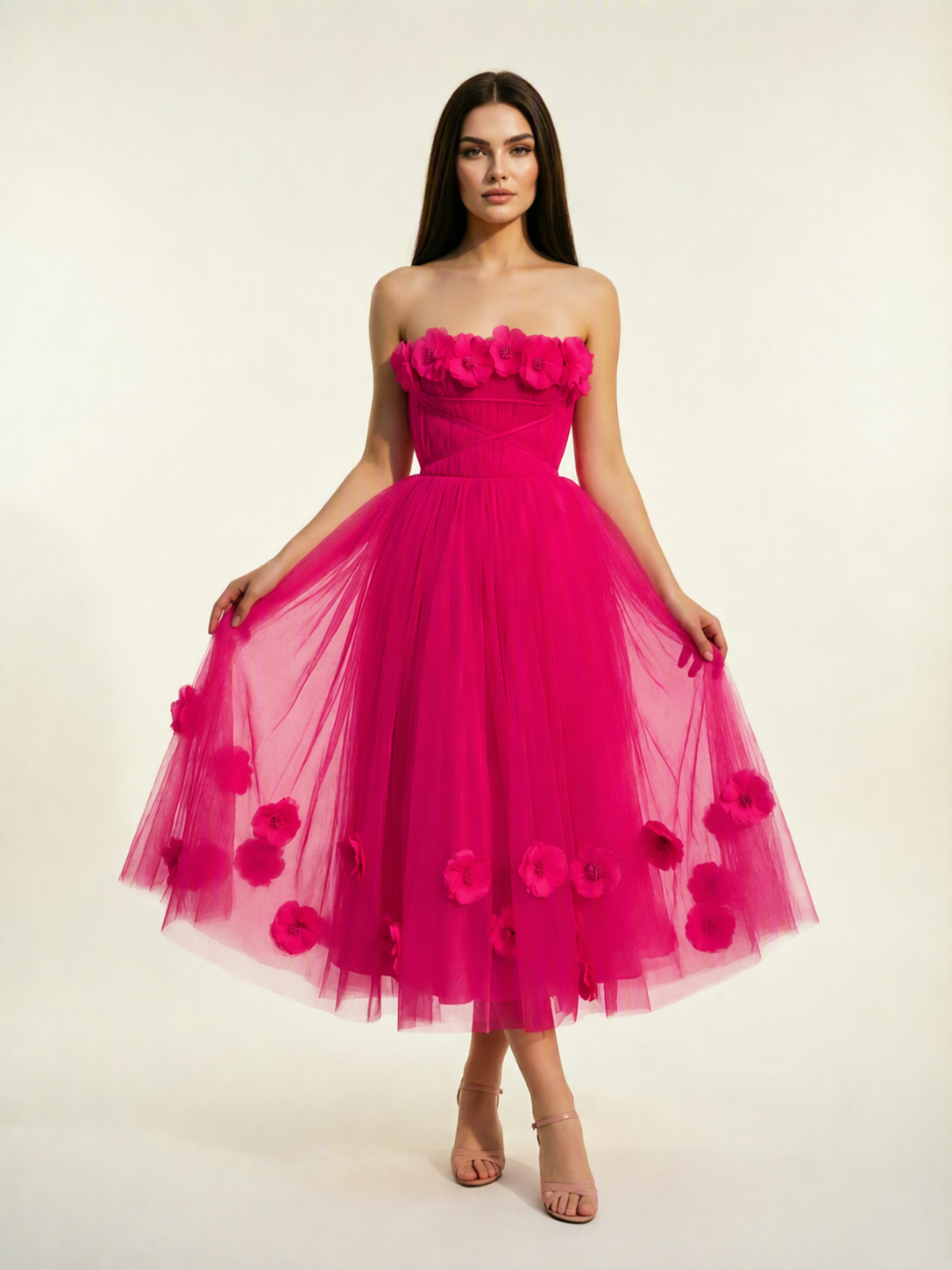 Strapless Tulle Midi Dress with 3D Floral Appliqués, Lace-Up Corset Back