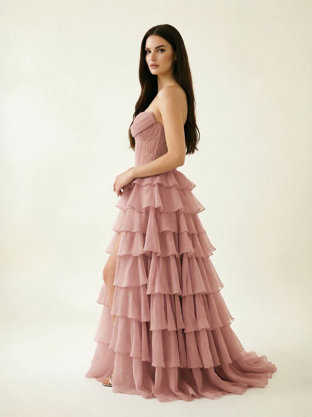 Strapless Lace Corset Tiered High Slit Prom Dress