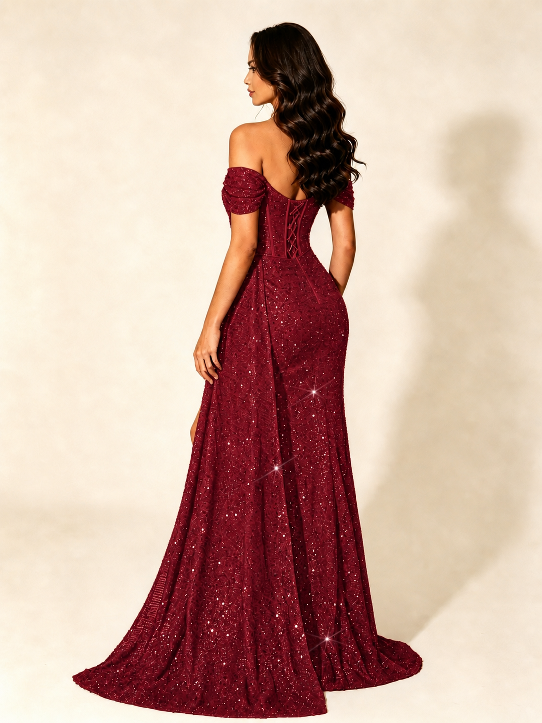 Off Shoulder Sequin High Slit Formal Dress with Train