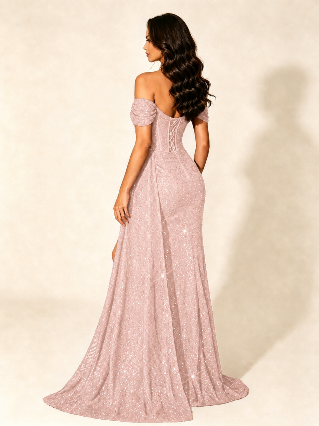 Off Shoulder Sequin High Slit Formal Dress with Train