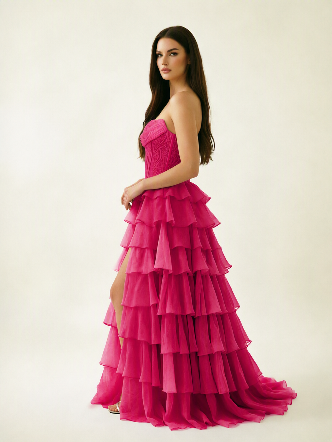Strapless Lace Corset Tiered High Slit Prom Dress