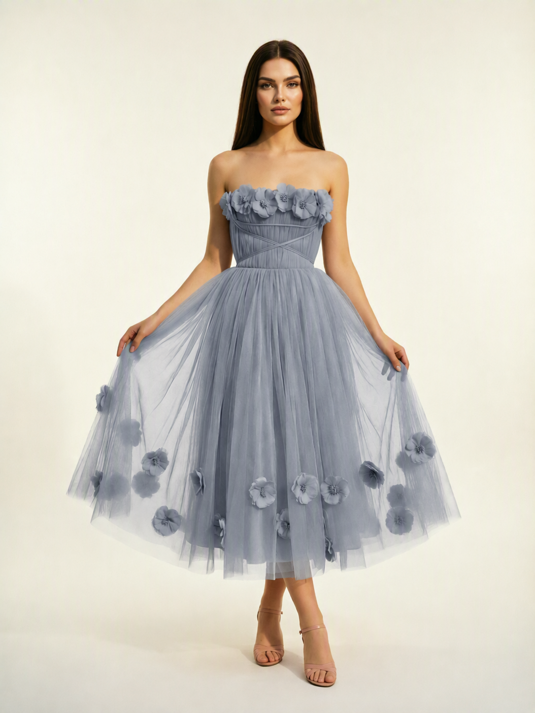 Strapless Tulle Midi Dress with 3D Floral Appliqués, Lace-Up Corset Back