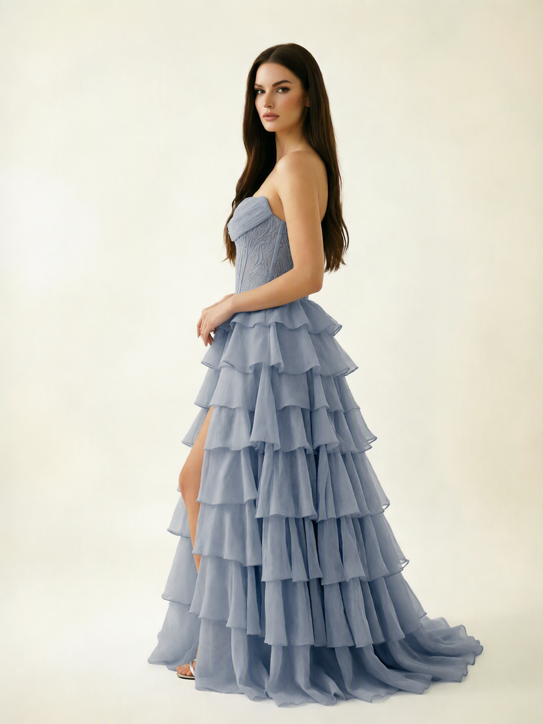 Strapless Lace Corset Tiered High Slit Prom Dress