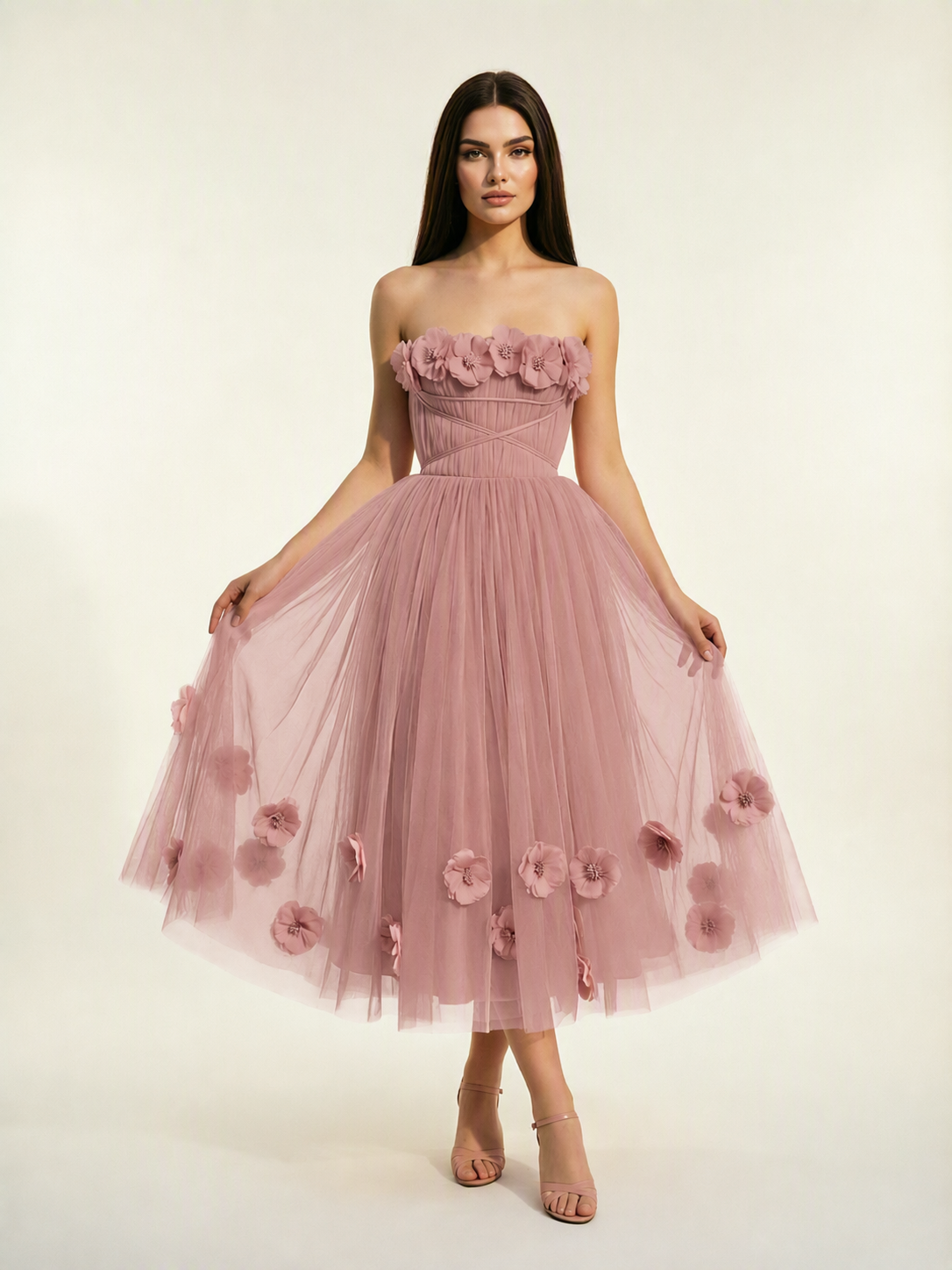 Strapless Tulle Midi Dress with 3D Floral Appliqués, Lace-Up Corset Back