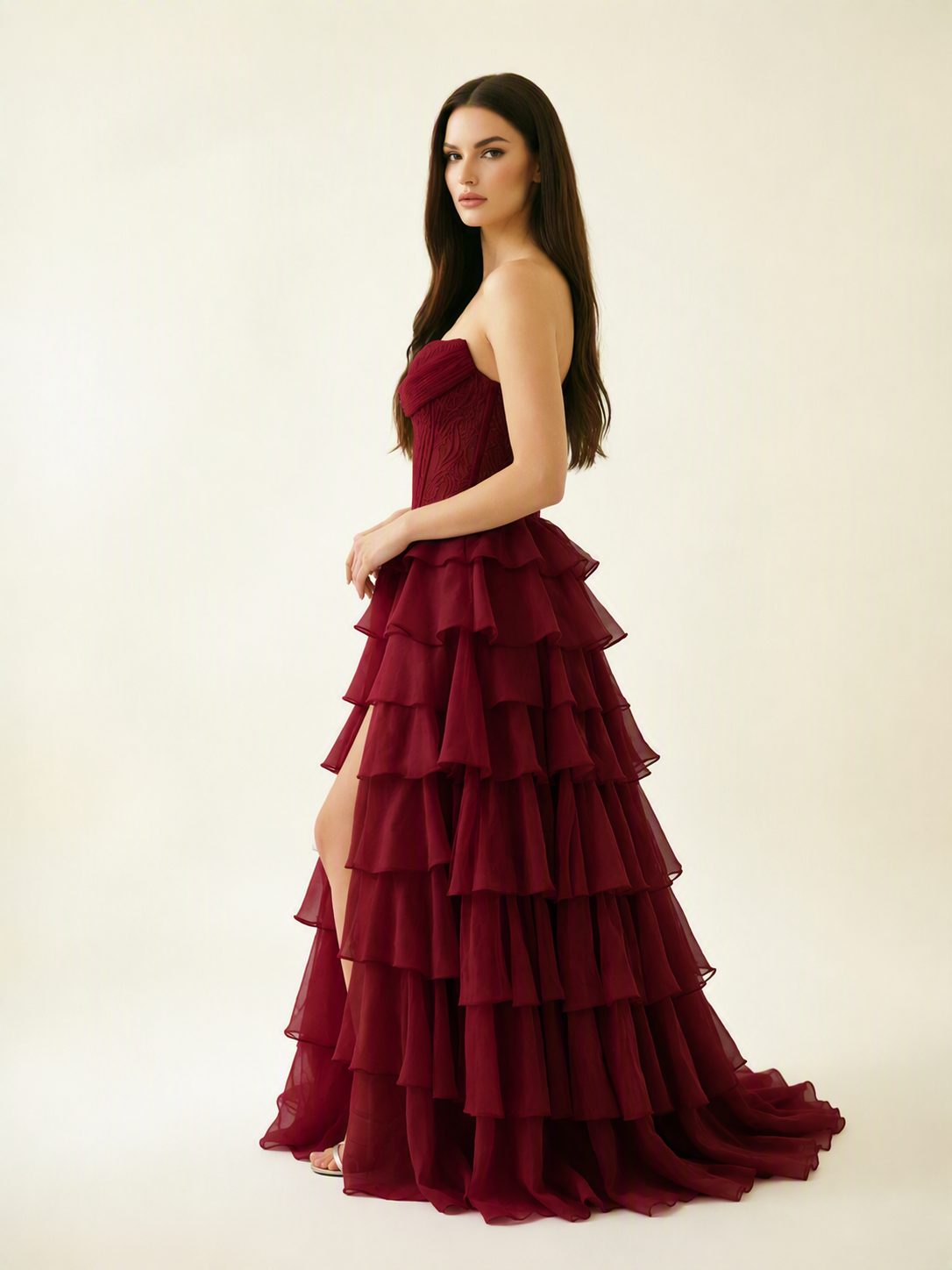 Strapless Lace Corset Tiered High Slit Prom Dress