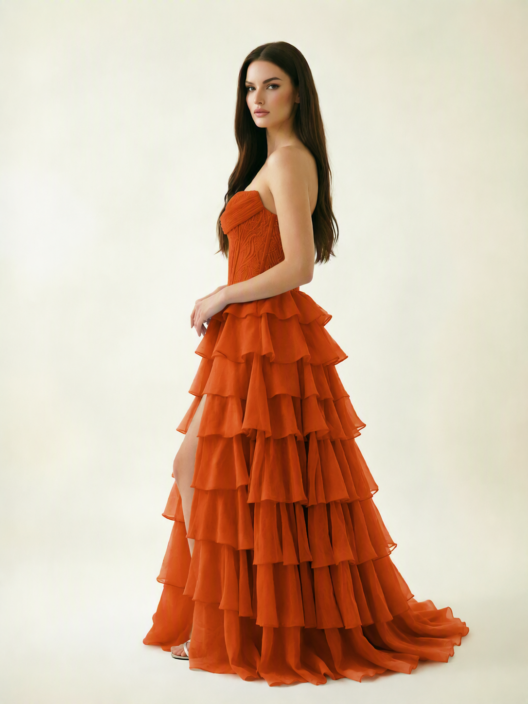 Strapless Lace Corset Tiered High Slit Prom Dress