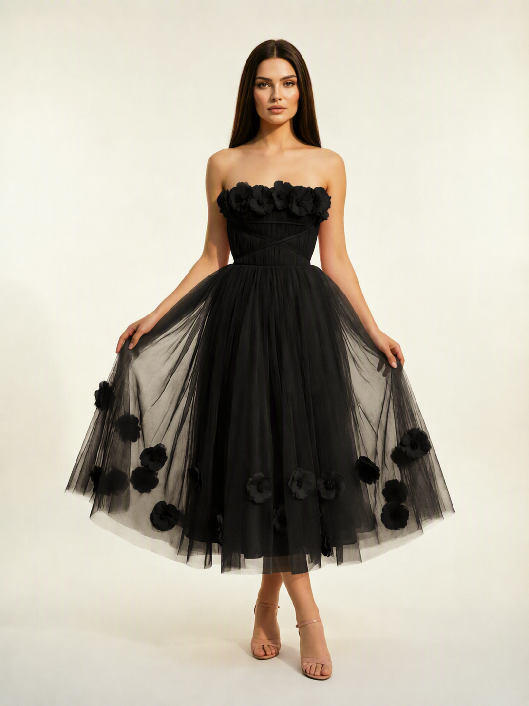 Strapless Tulle Midi Dress with 3D Floral Appliqués, Lace-Up Corset Back