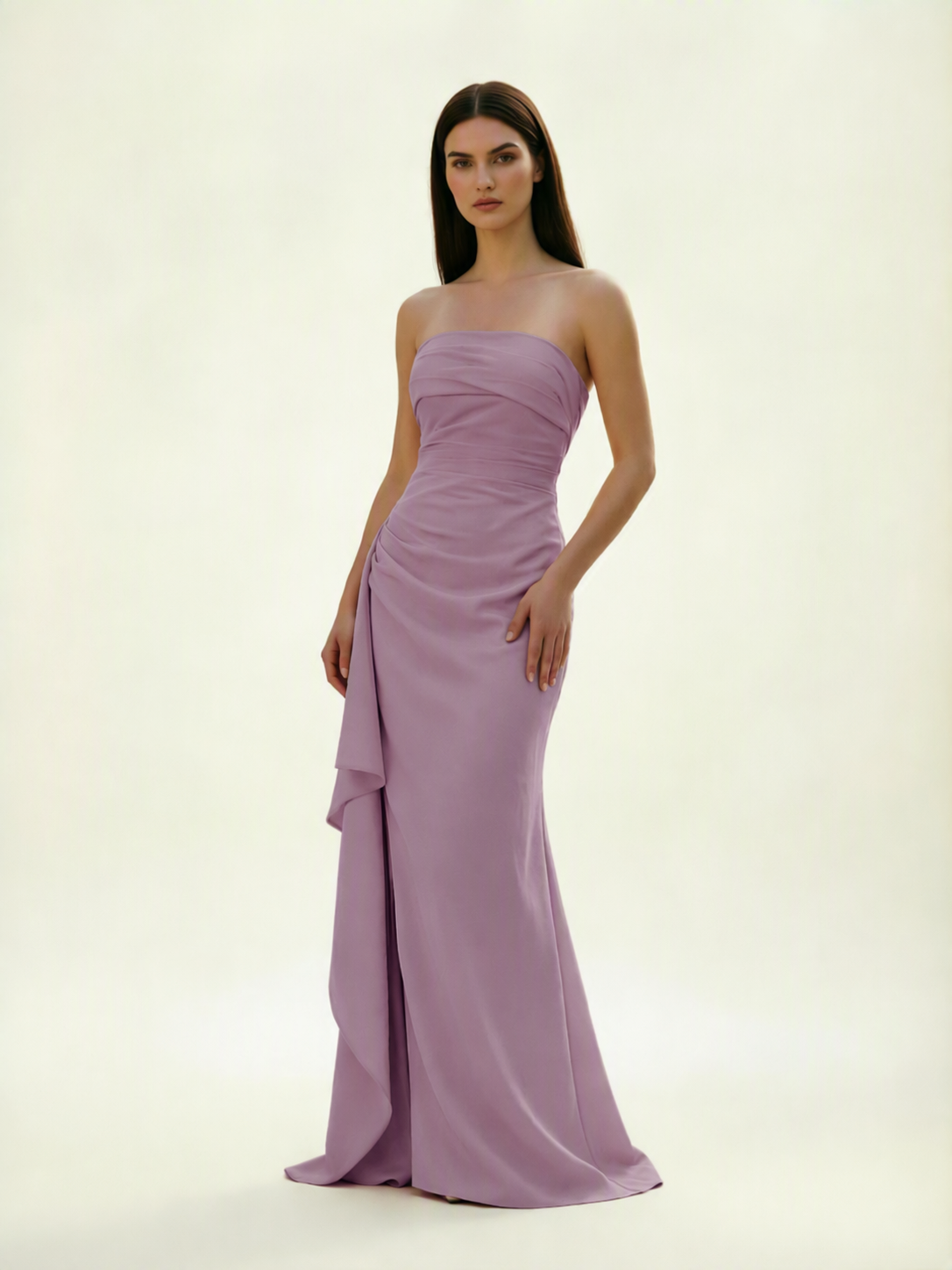 Strapless Mermaid Formal Gown with Side Slit & Draped Detail