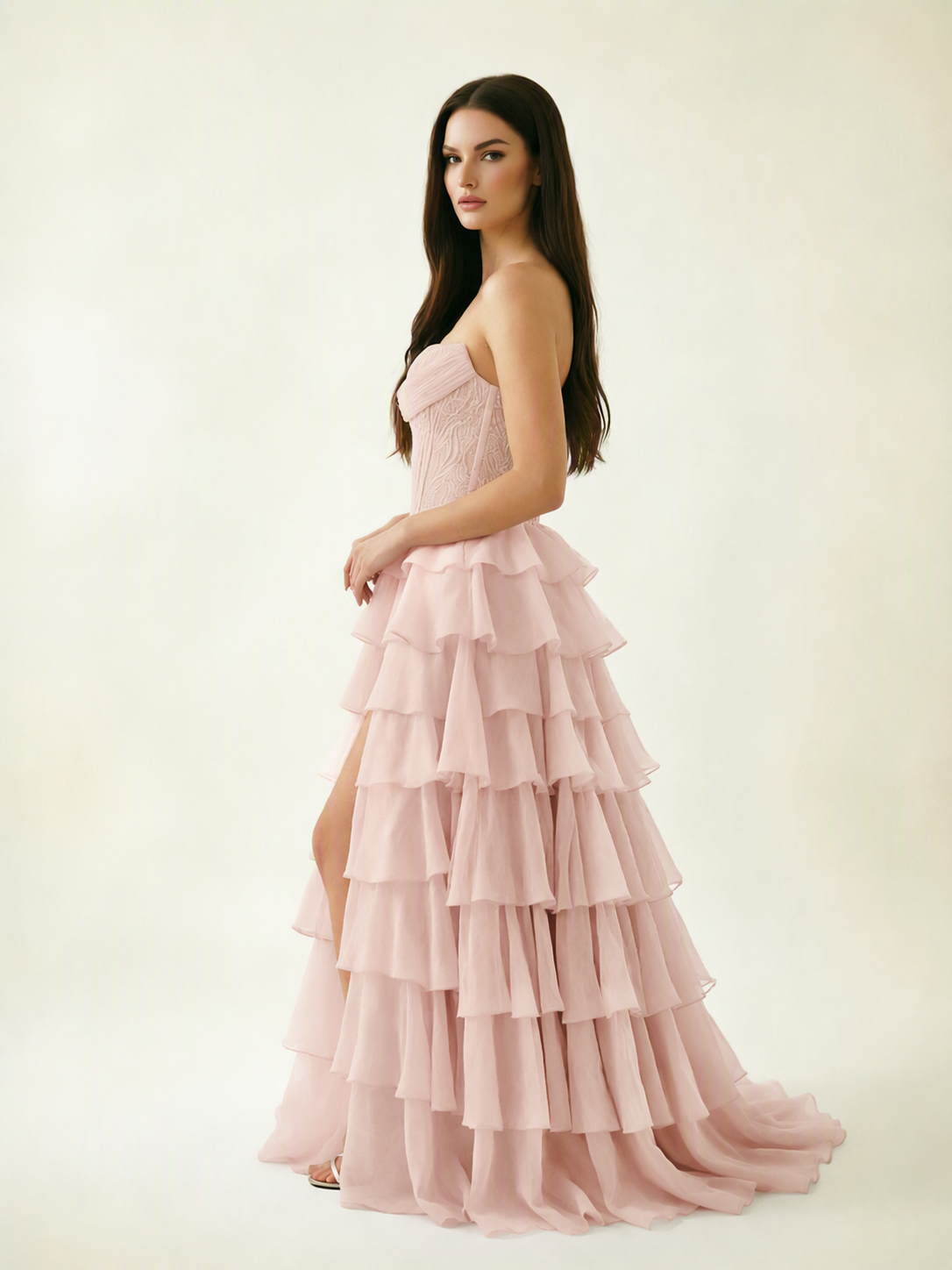 Strapless Lace Corset Tiered High Slit Prom Dress