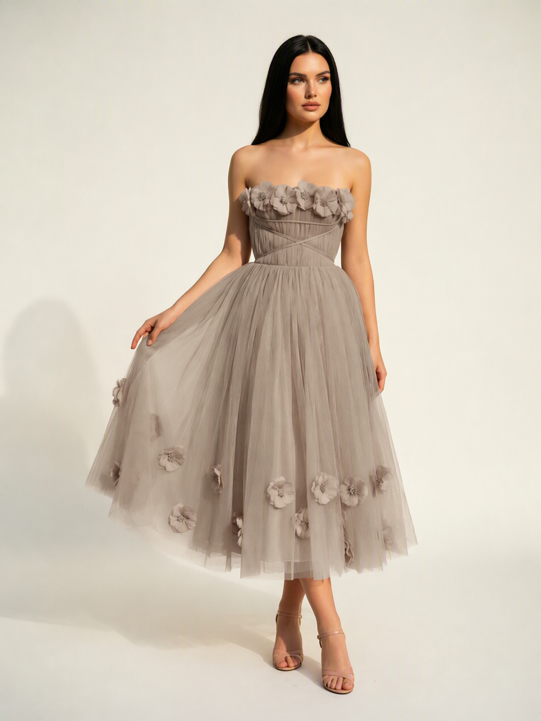 Strapless Tulle Midi Dress with 3D Floral Appliqués, Lace-Up Corset Back