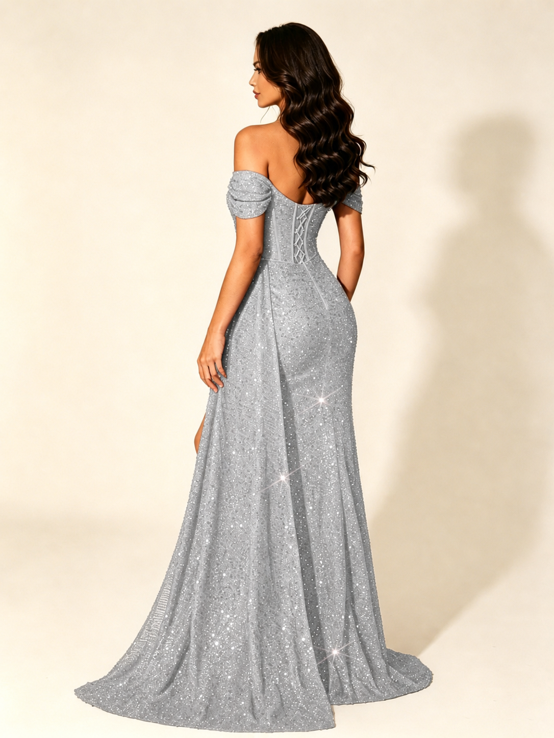 Off Shoulder Sequin High Slit Formal Dress with Train