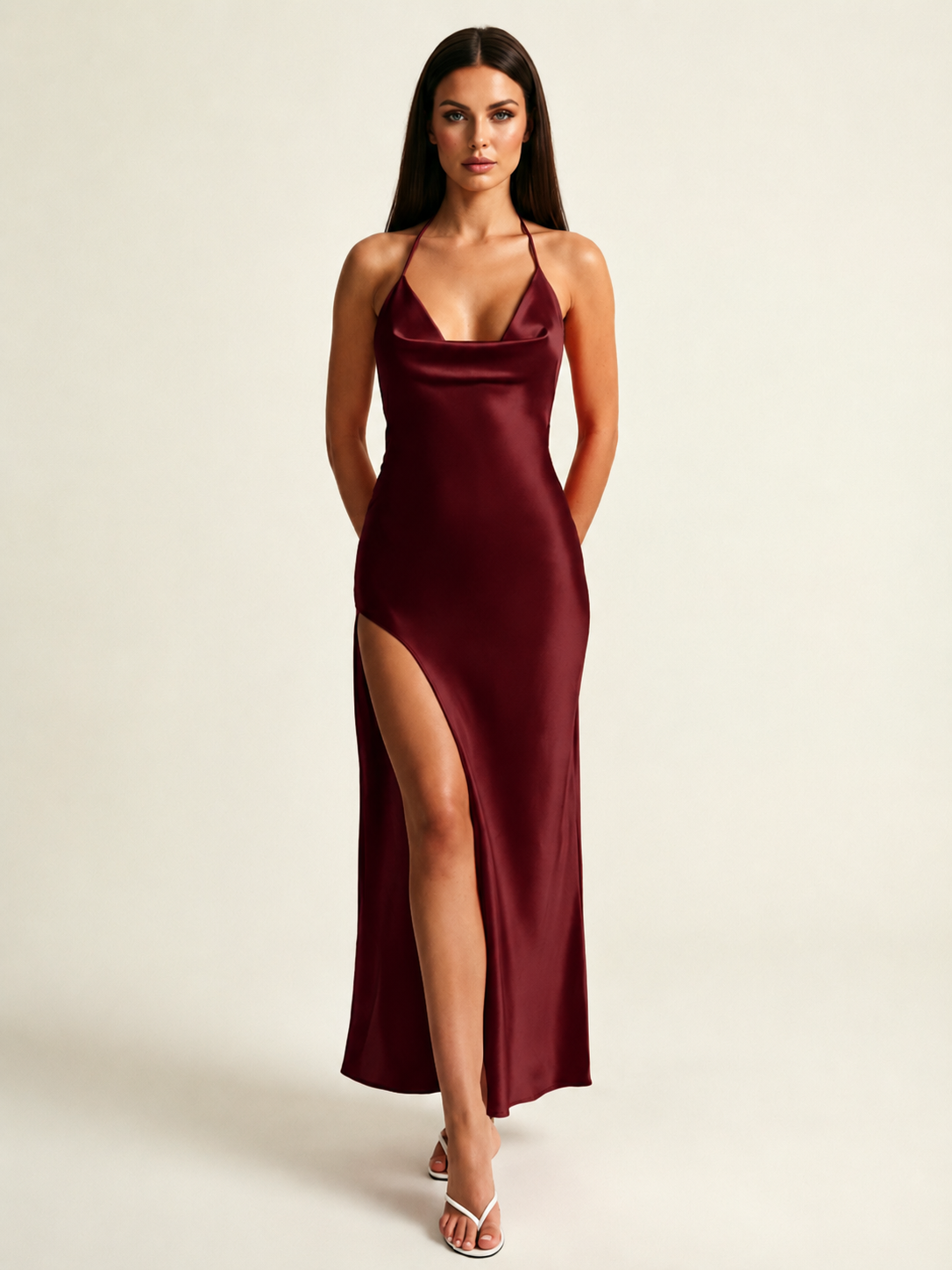 Satin Cowl Neck Halter Backless High Slit Maxi Dress