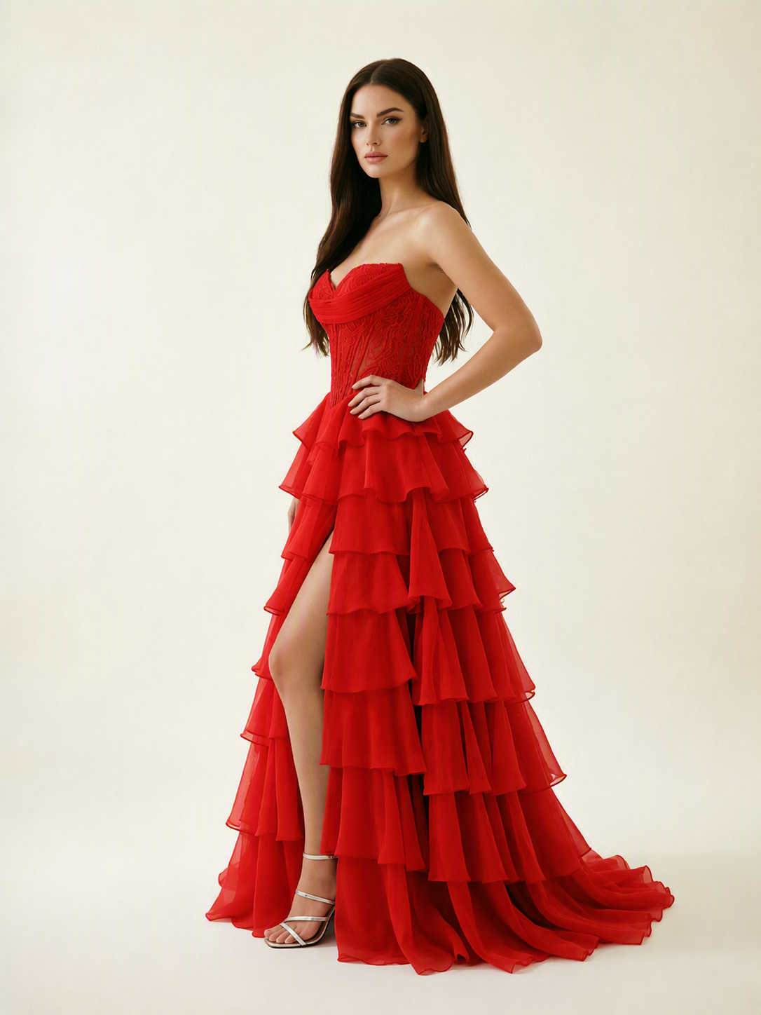 Strapless Lace Corset Tiered High Slit Prom Dress