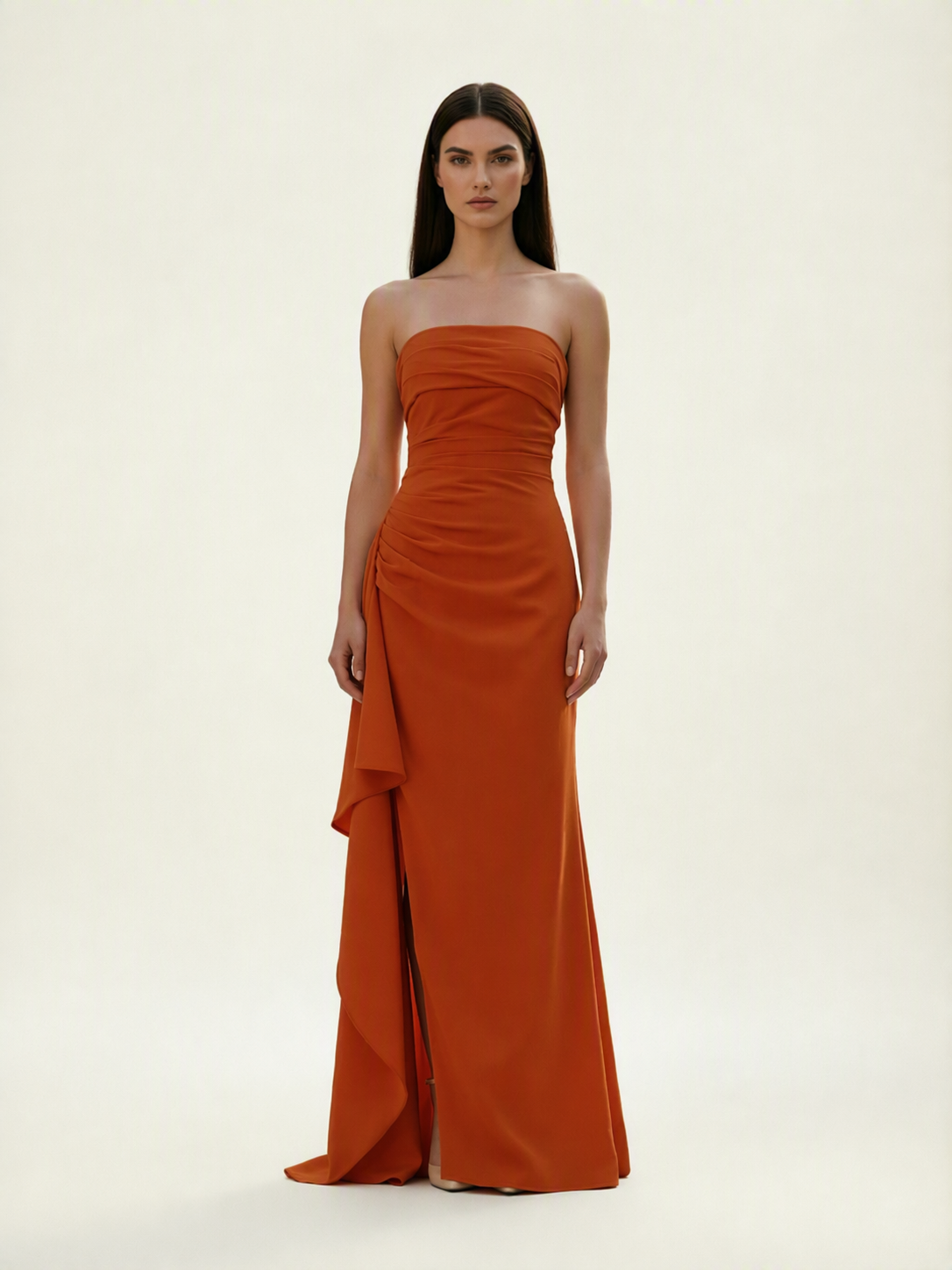 Strapless Mermaid Formal Gown with Side Slit & Draped Detail