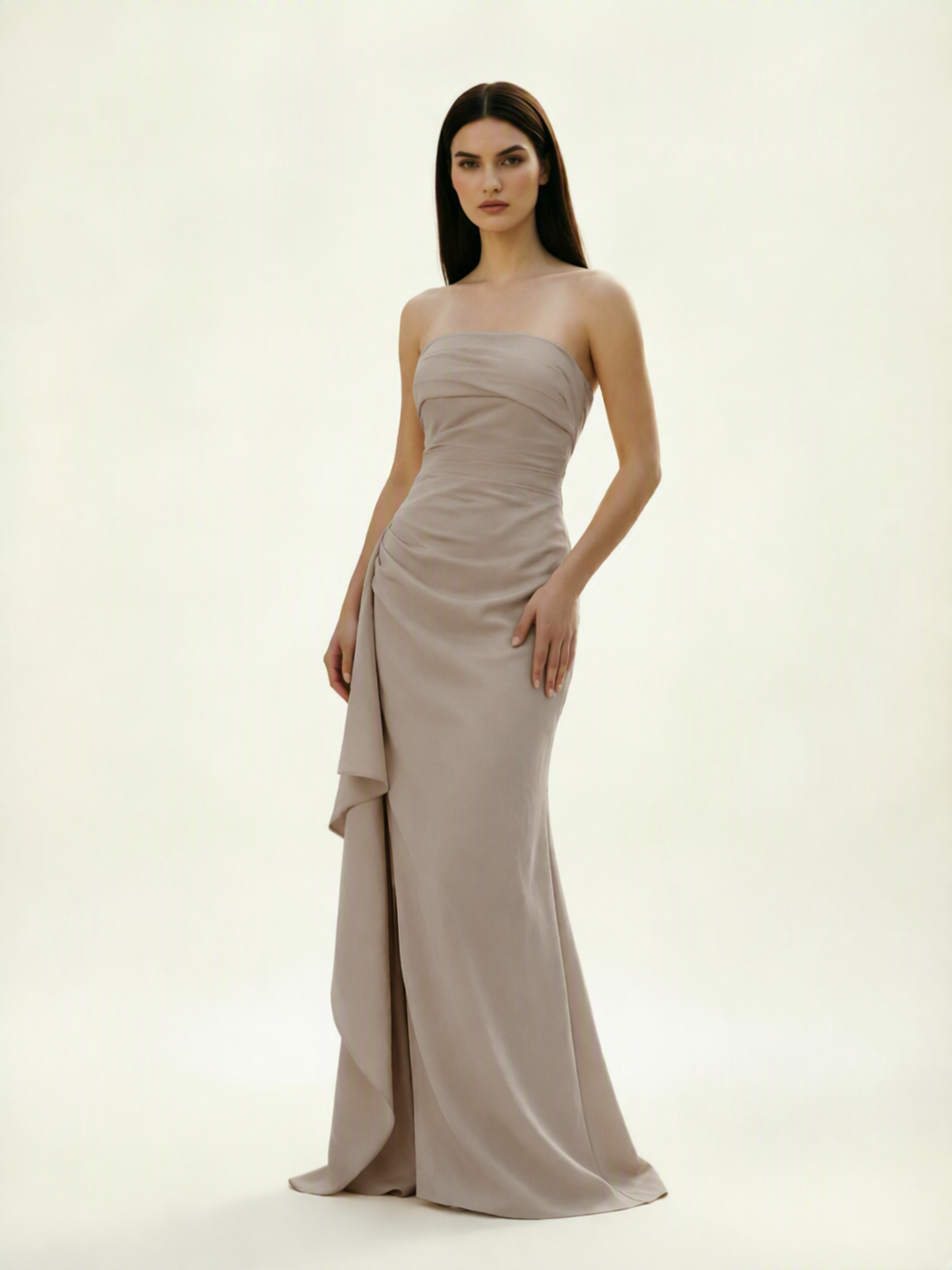 Strapless Mermaid Formal Gown with Side Slit & Draped Detail