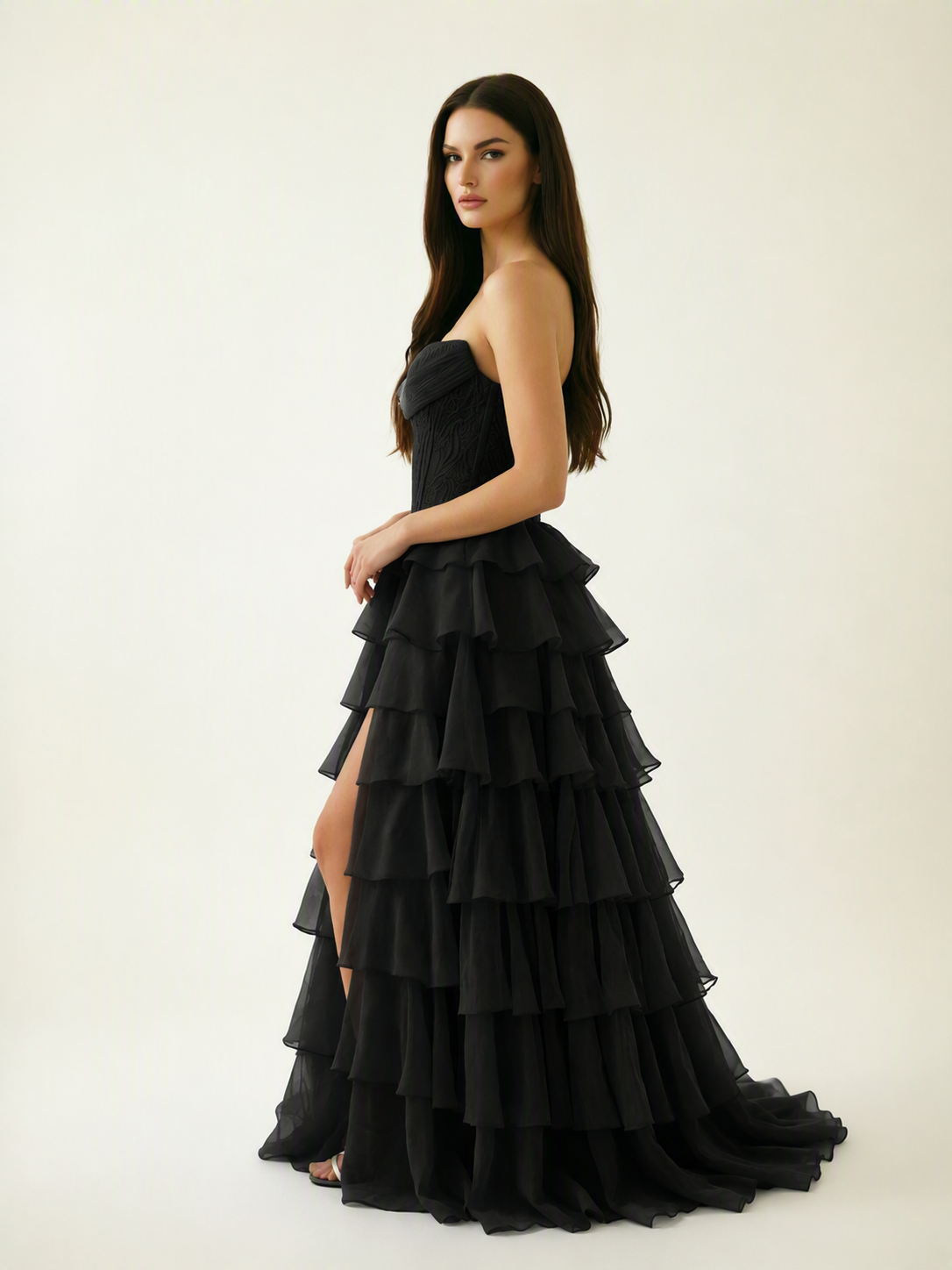 Strapless Lace Corset Tiered High Slit Prom Dress