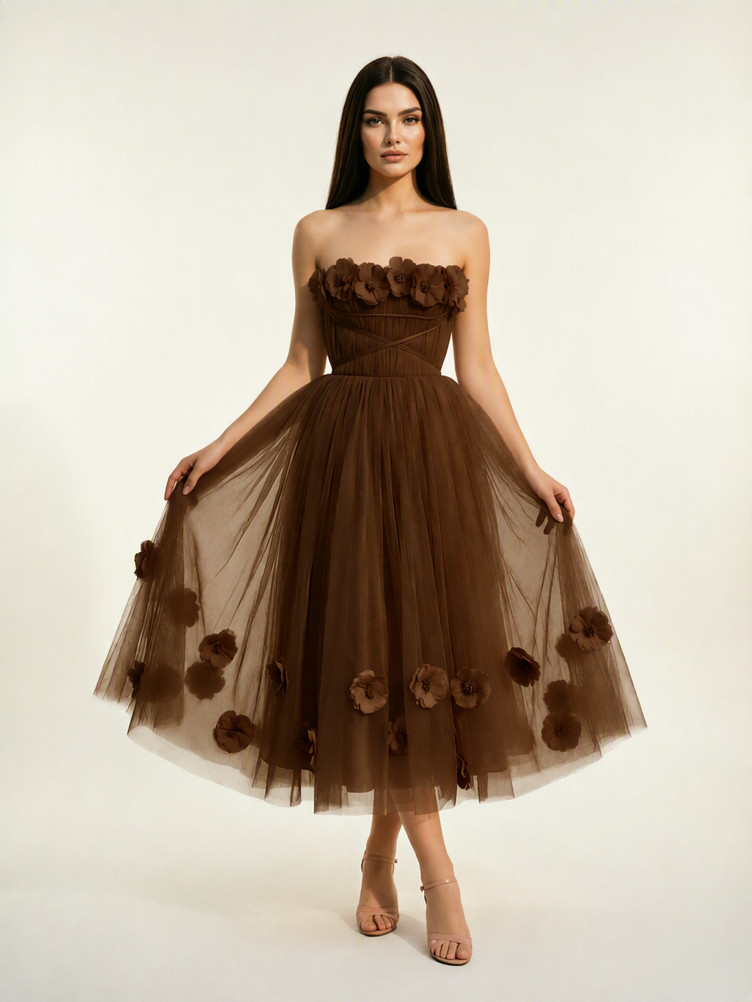Strapless Tulle Midi Dress with 3D Floral Appliqués, Lace-Up Corset Back