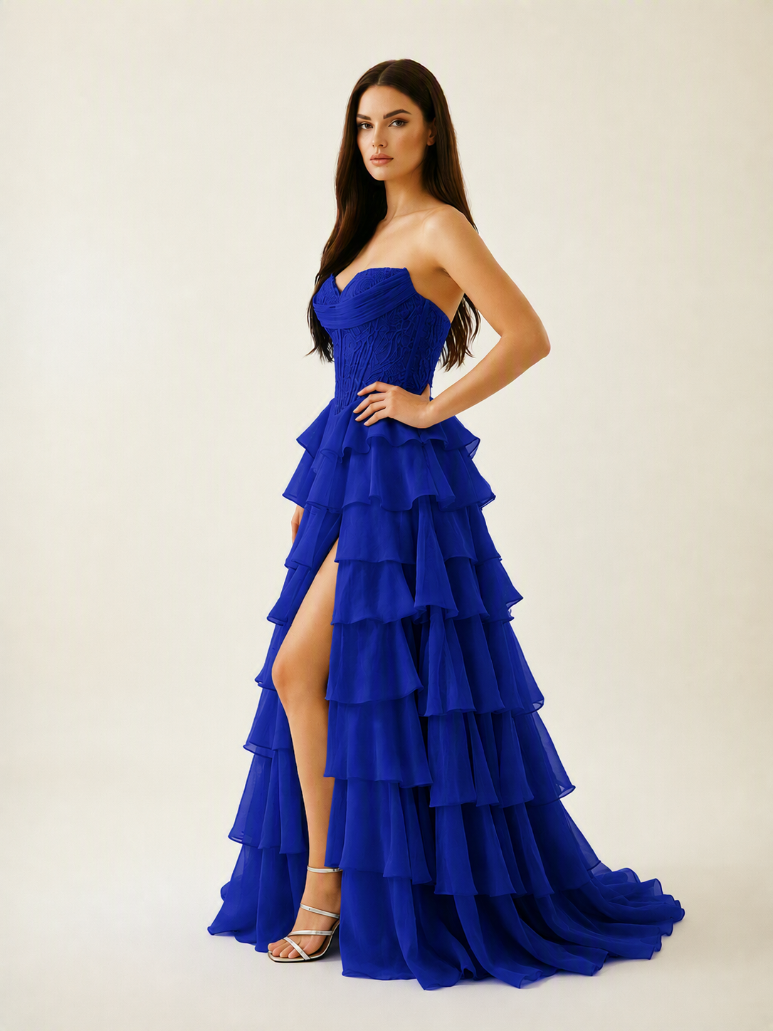 Strapless Lace Corset Tiered High Slit Prom Dress