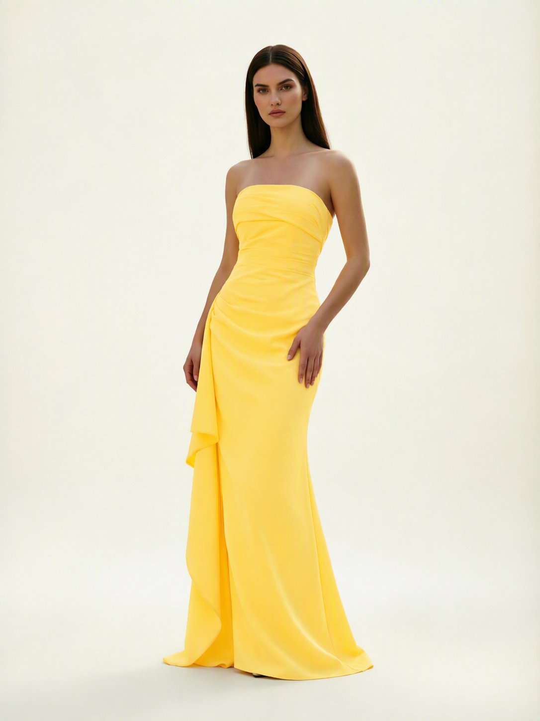 Strapless Mermaid Formal Gown with Side Slit & Draped Detail