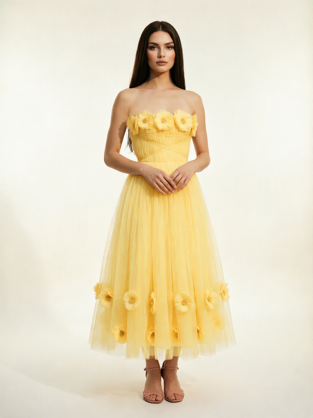 Strapless Tulle Midi Dress with 3D Floral Appliqués, Lace-Up Corset Back