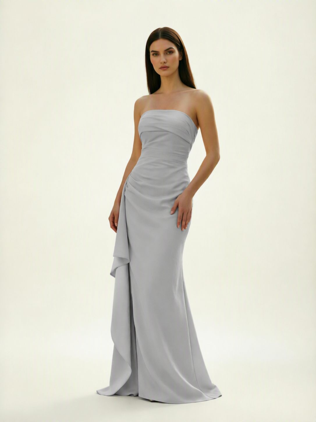 Strapless Mermaid Formal Gown with Side Slit & Draped Detail