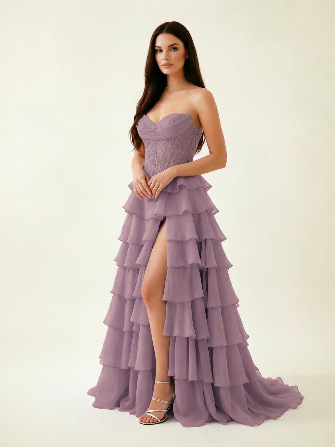 Strapless Lace Corset Tiered High Slit Prom Dress