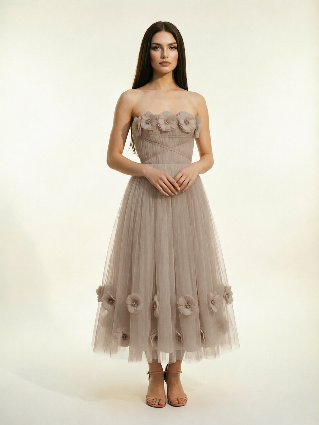 Strapless Tulle Midi Dress with 3D Floral Appliqués, Lace-Up Corset Back