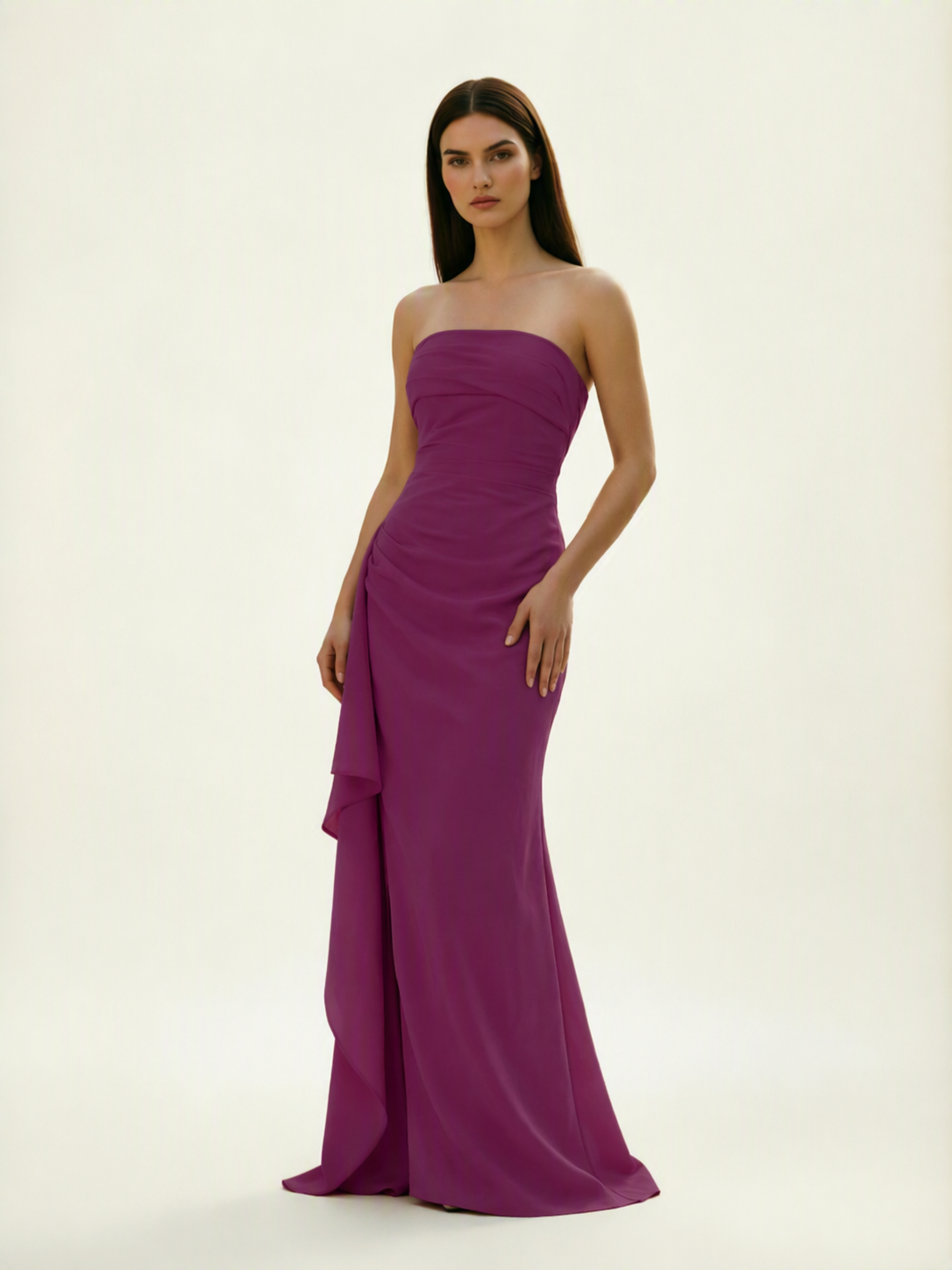Strapless Mermaid Formal Gown with Side Slit & Draped Detail