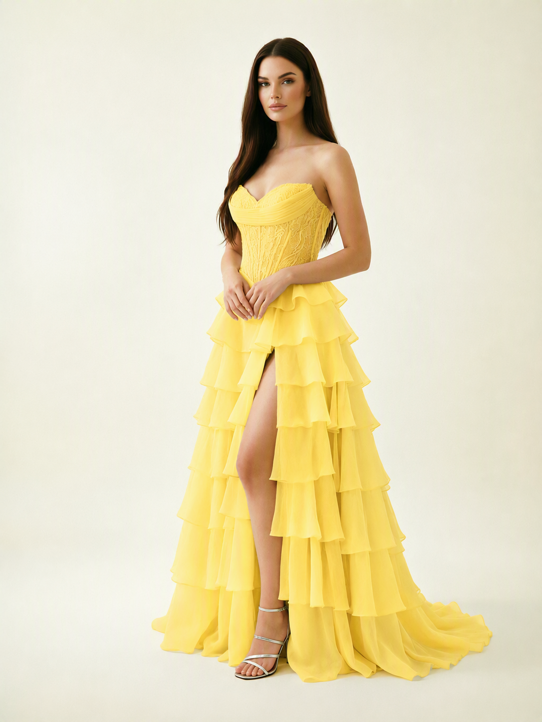 Strapless Lace Corset Tiered High Slit Prom Dress