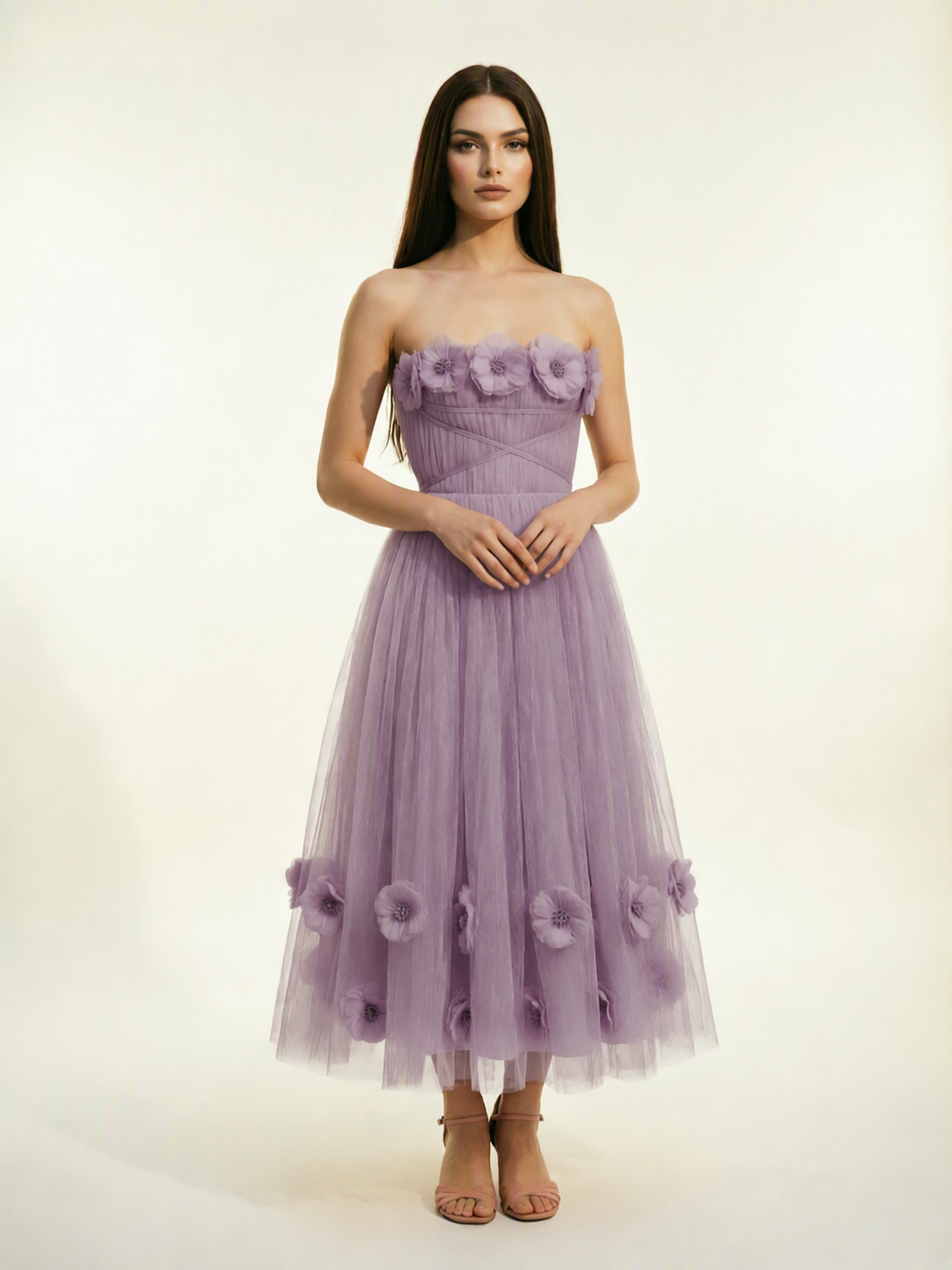 Strapless Tulle Midi Dress with 3D Floral Appliqués, Lace-Up Corset Back
