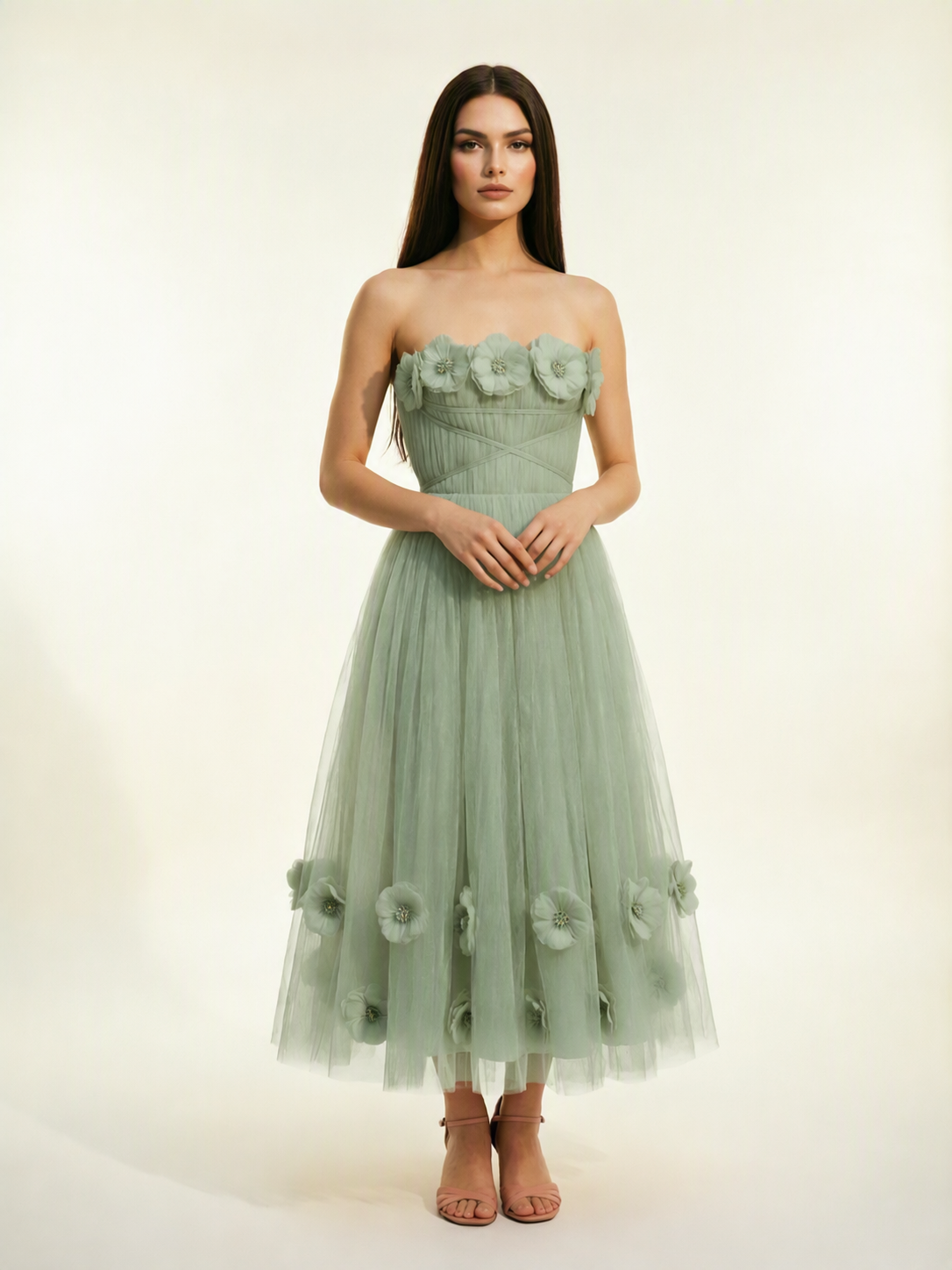 Strapless Tulle Midi Dress with 3D Floral Appliqués, Lace-Up Corset Back