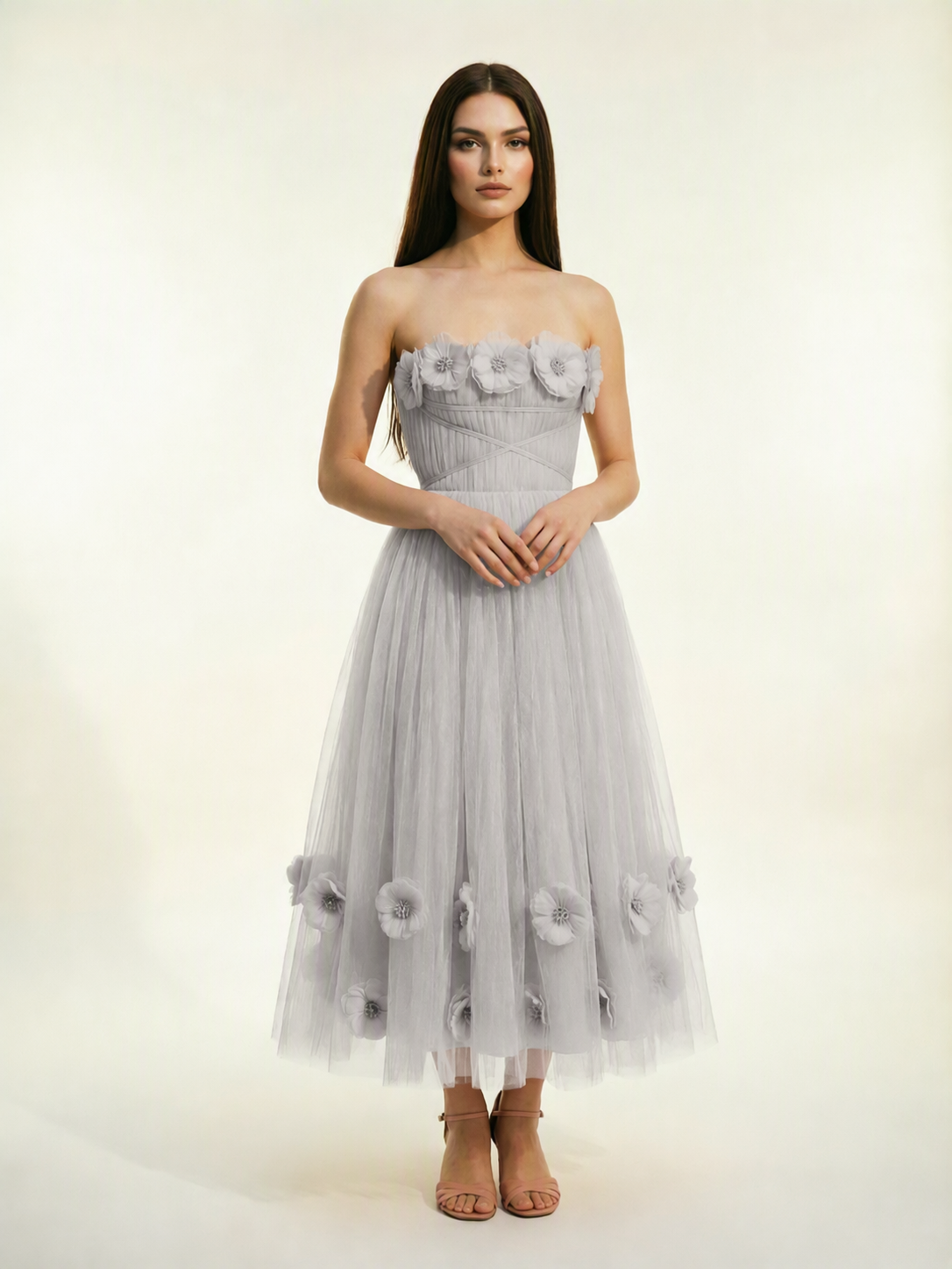 Strapless Tulle Midi Dress with 3D Floral Appliqués, Lace-Up Corset Back