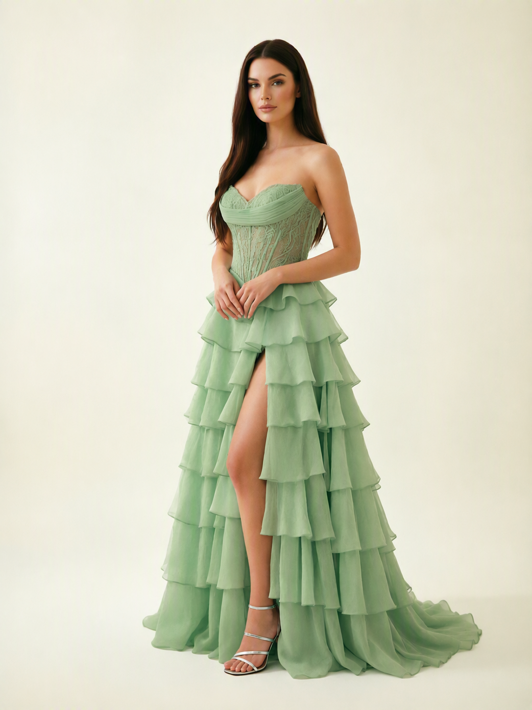 Strapless Lace Corset Tiered High Slit Prom Dress