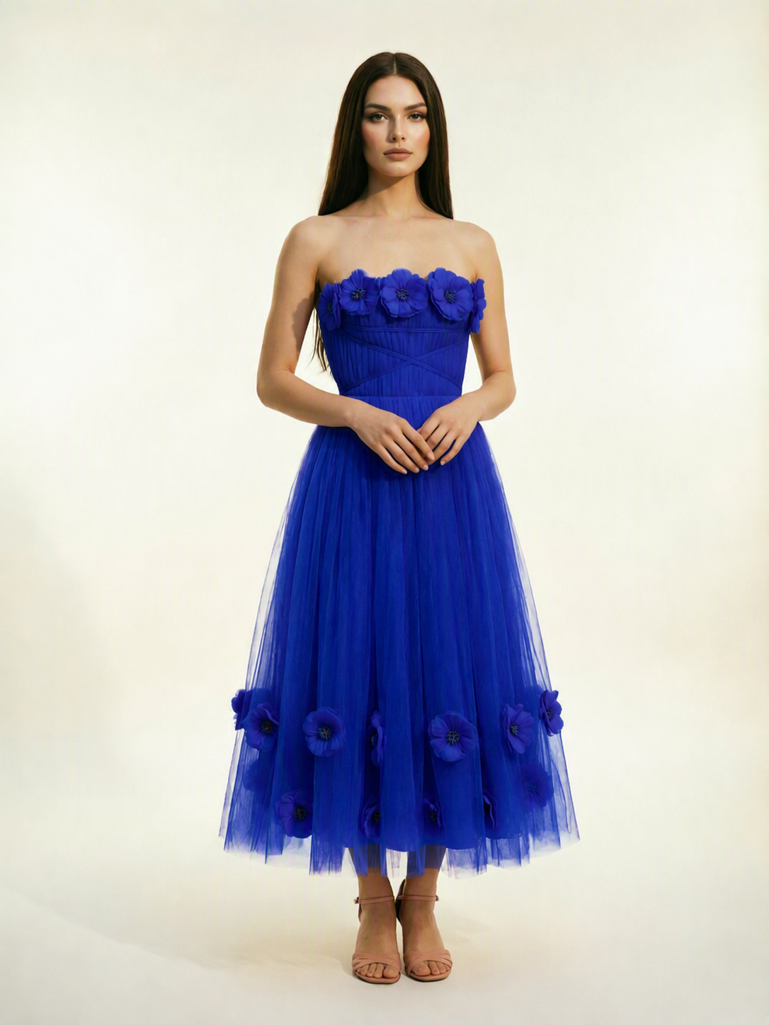 Strapless Tulle Midi Dress with 3D Floral Appliqués, Lace-Up Corset Back