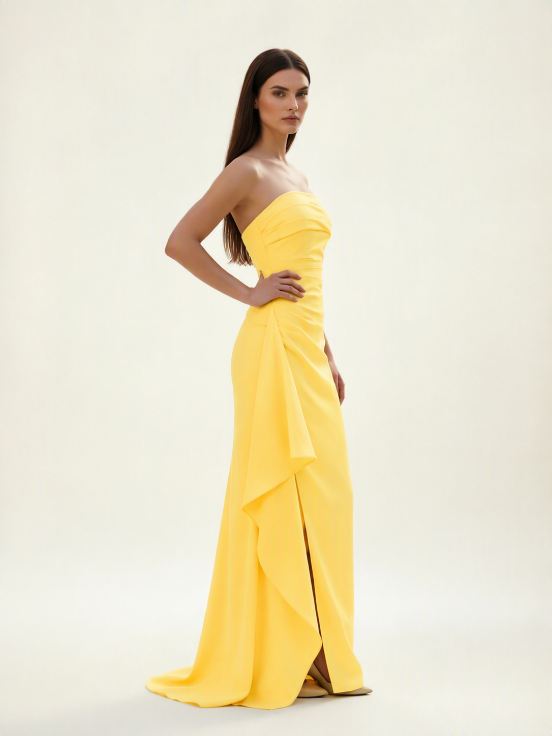 Strapless Mermaid Formal Gown with Side Slit & Draped Detail