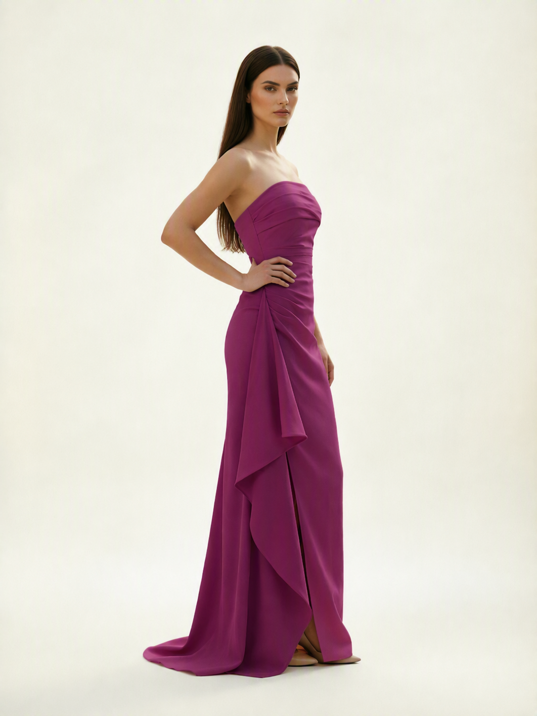 Strapless Mermaid Formal Gown with Side Slit & Draped Detail