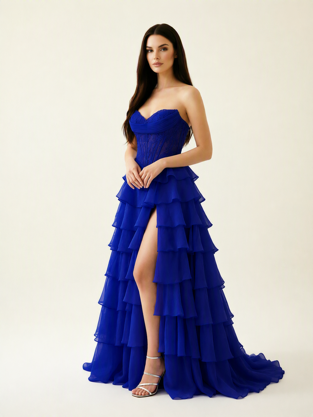 Strapless Lace Corset Tiered High Slit Prom Dress