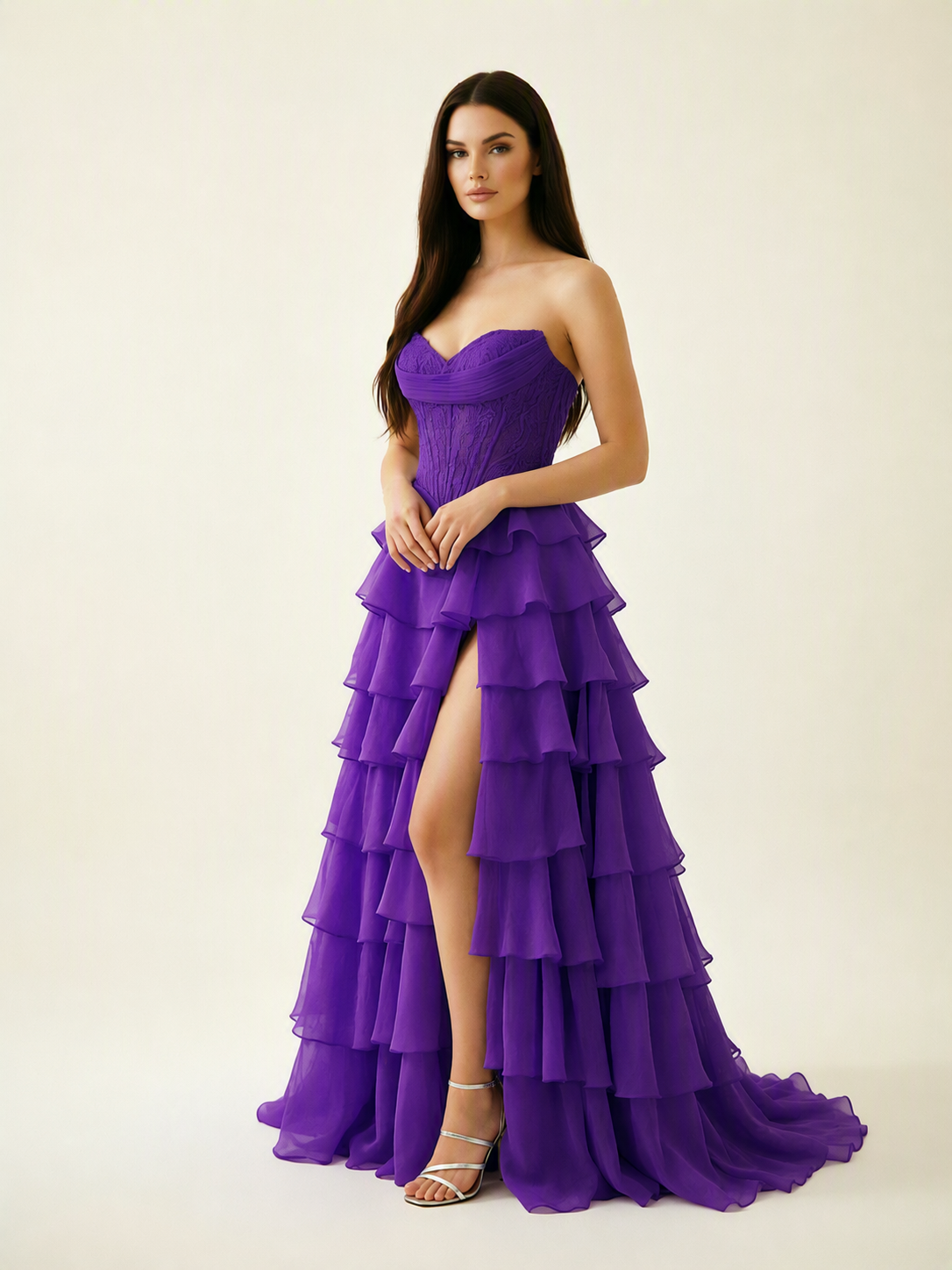 Strapless Lace Corset Tiered High Slit Prom Dress