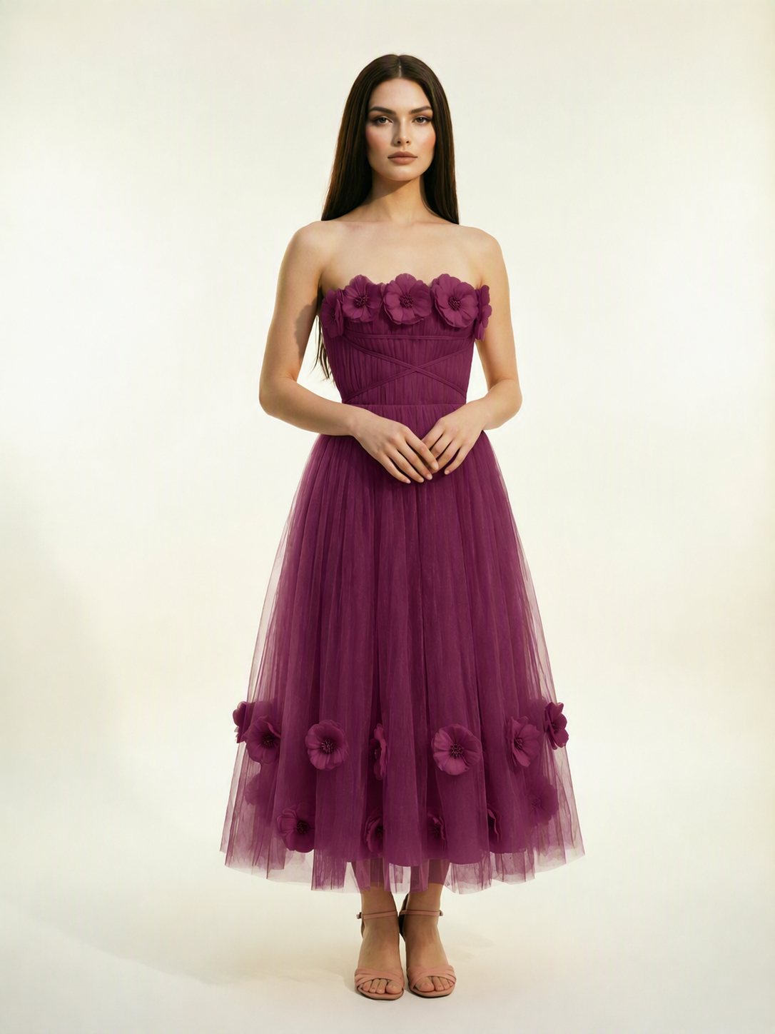 Strapless Tulle Midi Dress with 3D Floral Appliqués, Lace-Up Corset Back