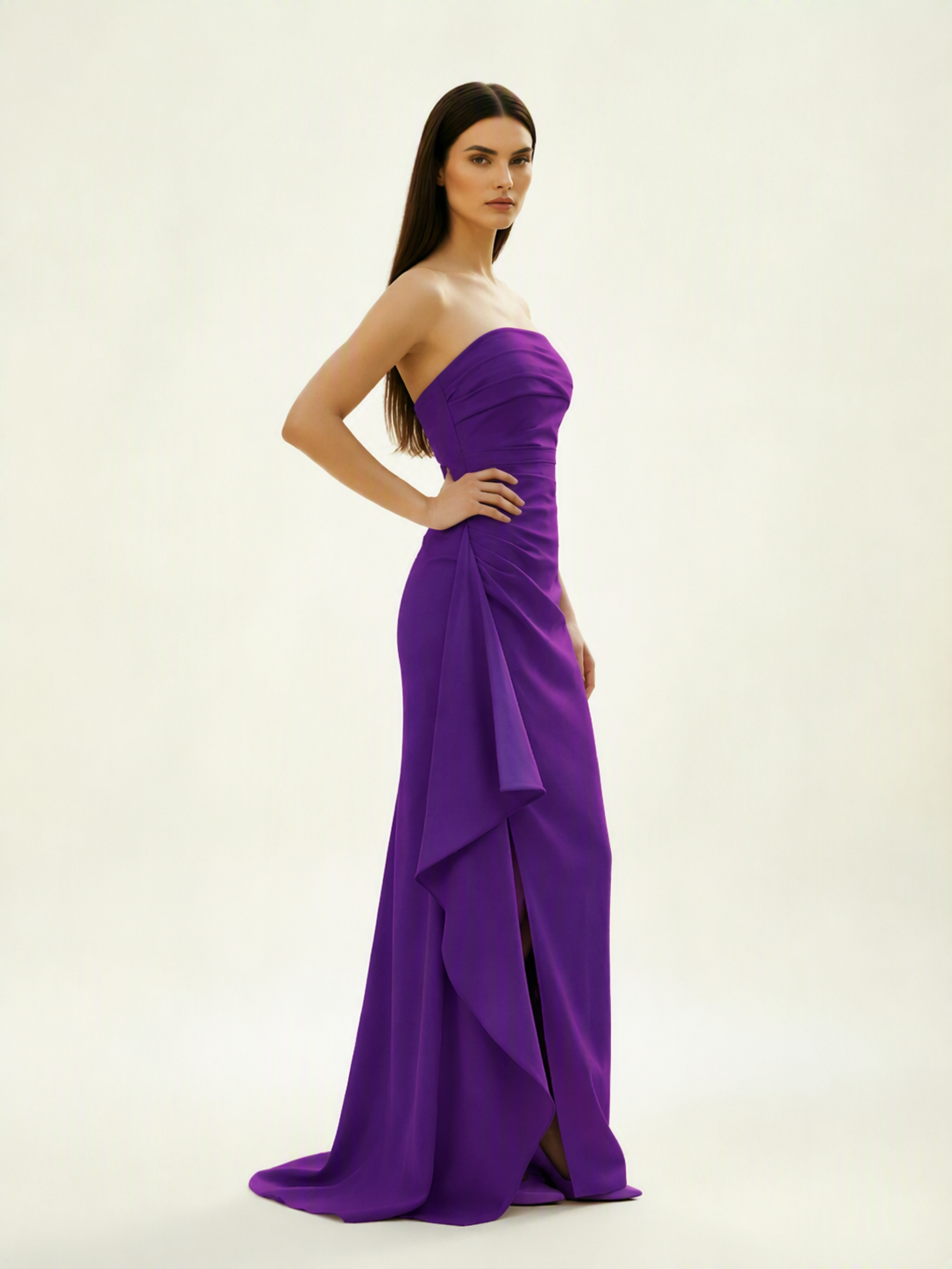 Strapless Mermaid Formal Gown with Side Slit & Draped Detail