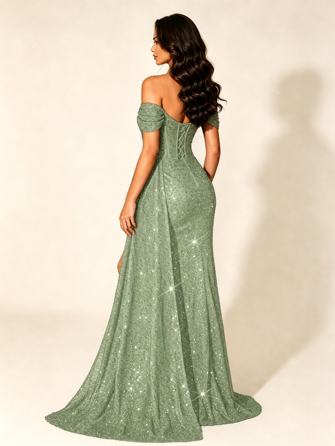Off Shoulder Sequin High Slit Formal Dress with Train