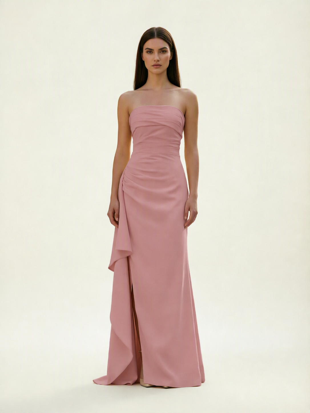 Strapless Mermaid Formal Gown with Side Slit & Draped Detail
