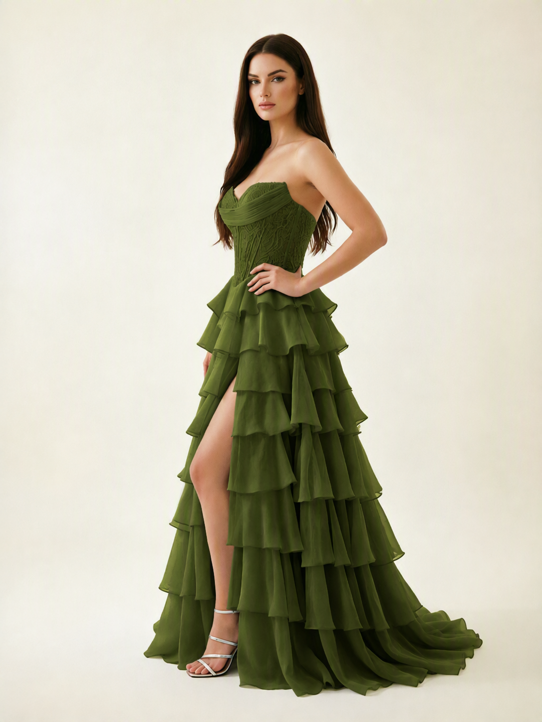 Strapless Lace Corset Tiered High Slit Prom Dress