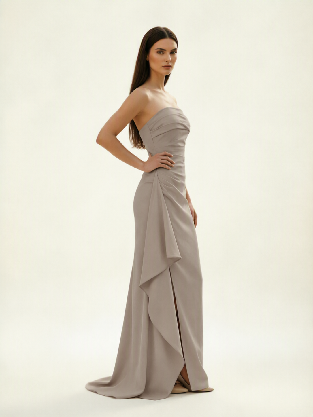 Strapless Mermaid Formal Gown with Side Slit & Draped Detail
