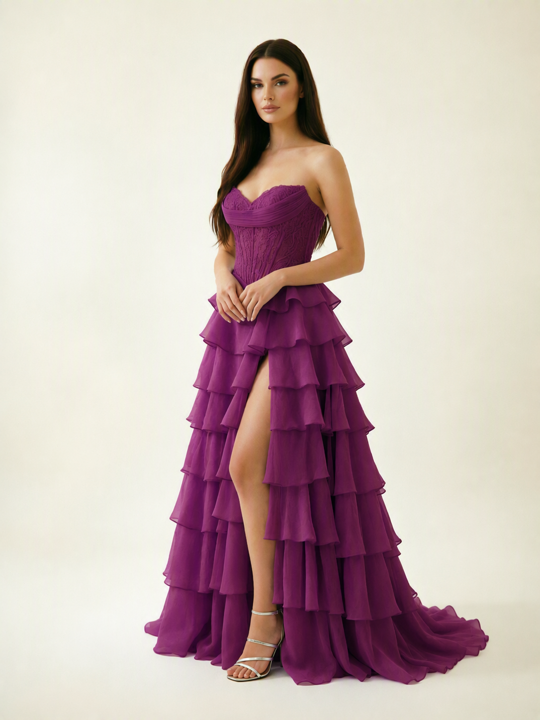 Strapless Lace Corset Tiered High Slit Prom Dress